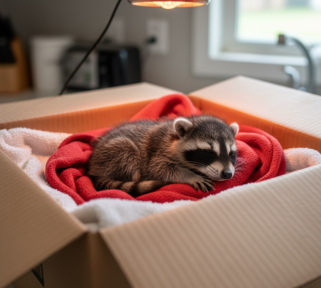 baby raccoon in a box with a bedding.