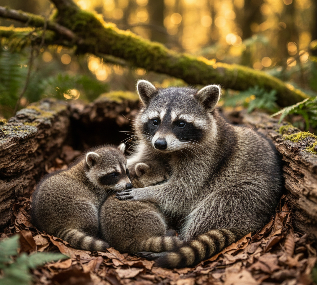 baby raccoon with mother