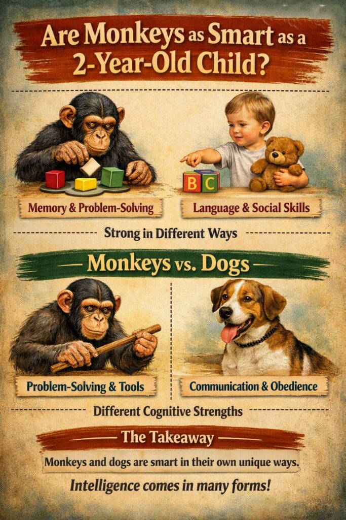 how smart are monkeys compared to a 2-year-old and a dog